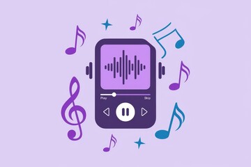 Poster - A purple music player with sound waves and musical notes displayed around it, suggesting music playback.