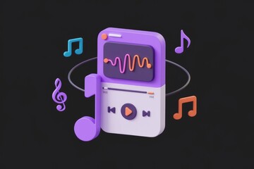 Poster - 3D illustration of a mobile music player with sound waves and musical notes.