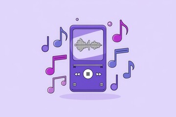 Poster - A purple MP3 player displaying a music waveform, surrounded by musical notes, symbolizes digital audio playback.