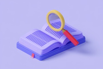 Poster - A magnifying glass rests on an open book, symbolizing research, knowledge discovery, and detailed examination of information.