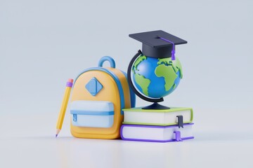 Aufkleber - Backpack, books, globe, graduation cap, and pencil represent education and global learning.