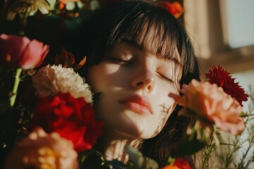 Poster - Woman sleeping peacefully surrounded by vibrant flowers