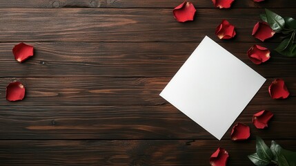 Poster - Blank canvas surrounded by rose petals on wooden table