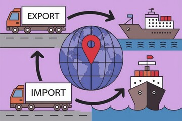 Poster - Global trade and logistics: Export and import processes using trucks and ships for worldwide delivery.