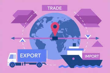 Poster - Global trade visualized: Export and import processes illustrated with a truck and ship around the world.