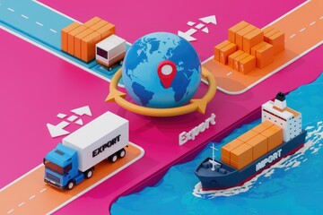 Poster - Global export and import process visualized with trucks and cargo ship.