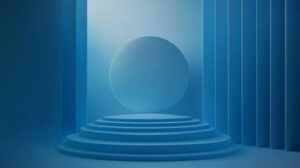Poster - A minimal layout featuring a blue color gradient graphic on an empty background, with a podium display, perfect for showcasing products or presentations in a sleek, modern style.

