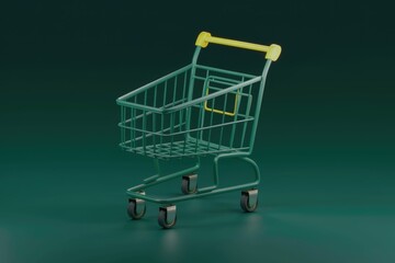 Poster - A green shopping cart with yellow handle, isolated on dark green background, symbolizing online shopping or retail.