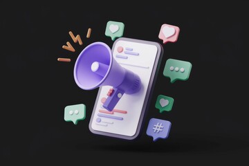 Poster - Smartphone with megaphone and social media notifications; digital marketing concept.