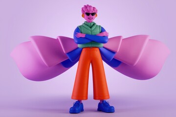Aufkleber - A stylish 3D character with a vibrant, oversized bow-shaped cape, exuding confidence and joy.