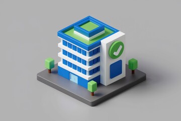 Aufkleber - A 3D isometric rendering of a modern office building, featuring a green roof and a checkmark symbol, indicating approval or verification.