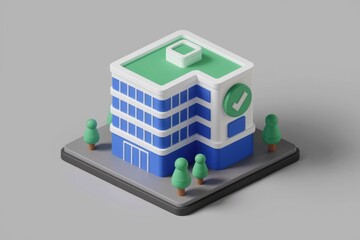 Poster - Isometric illustration of a verified business building with a green roof and trees.