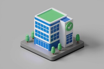 Poster - A 3D isometric model of a modern office building, showcasing its design and landscaping.