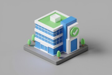 Aufkleber - A 3D model of a modern office building with a green roof and a checkmark, symbolizing approval or completion.
