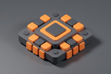 Poster - Abstract 3D rendering of a geometric design with orange and gray blocks, creating a layered square pattern.