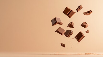 Aufkleber - Pieces of milk chocolate of various sizes are levitating and rotating on a warm, monochrome background, creating a visually appealing and dynamic composition