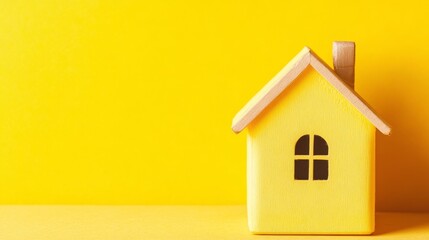 Poster - A small yellow toy house on a bright yellow background, symbolizing home and warmth.