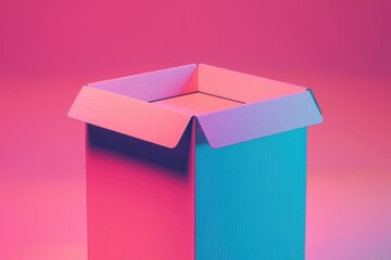 Poster - A partially opened cardboard box, illuminated with vibrant pink and teal neon lighting against a pink backdrop.