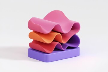 Aufkleber - Stack of colorful wavy shapes on a purple base, abstract 3D render.