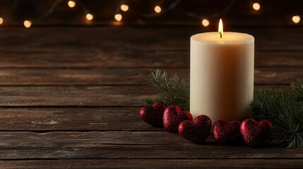 Wall Mural - romantic candlelight scene with hearts and festive greenery