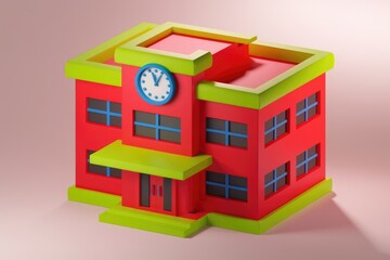 Aufkleber - A vibrant 3D model of a school building, showcasing a playful design with a clock tower.