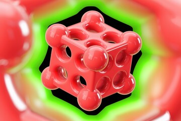 Aufkleber - A vibrant coral-colored cube with spherical protrusions, set against a blurred green and red backdrop.