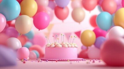 Wall Mural - Festive birthday cake surrounded by colorful balloons