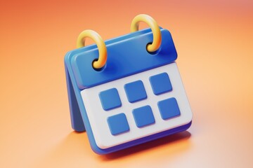 Fototapete - A 3D rendered blue calendar icon with yellow rings, symbolizing scheduling and organization.