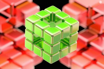 Fototapete - A vibrant green cube, composed of smaller cubes, stands out against a backdrop of blurred red cubes.