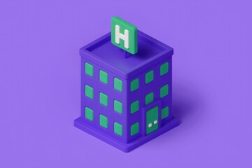 Poster - Isometric 3D model of a purple building with a green H sign, representing a hotel.