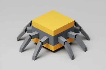 Poster - A low-poly 3D model of a yellow cube robot with eight gray legs.