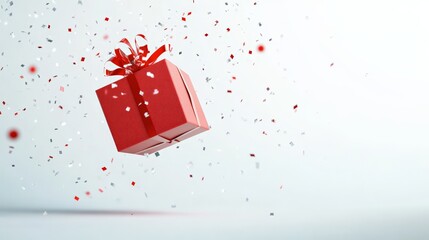 Poster - Red gift box with red ribbon floating in the air with falling red and silver confetti on a white background representing celebration, surprise, and special occasions