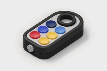 Poster - A black handheld device with six colorful buttons and a ring, possibly a toy or controller.
