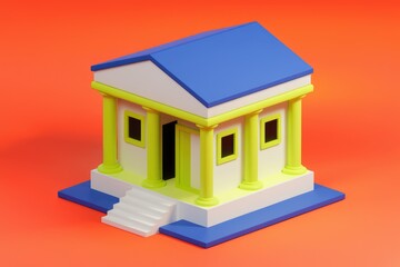 Poster - A minimalist 3D model of a classical building with yellow columns and a blue roof, set against an orange background.