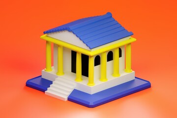 Poster - A stylized 3D model of a classical building with blue roof, yellow columns, and white walls, set against an orange background.