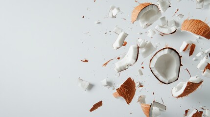Aufkleber - Coconut pieces, shell fragments, and white flesh are suspended in mid air against a minimalist white backdrop, creating a dynamic and visually appealing composition