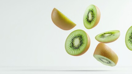 Poster - Several kiwi slices, showcasing vibrant green flesh and tiny black seeds, are suspended in mid air against a clean white backdrop, creating a visually appealing and refreshing image