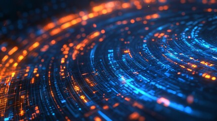 Poster - Abstract digital wave of glowing blue and orange lines, representing data flow and technology.