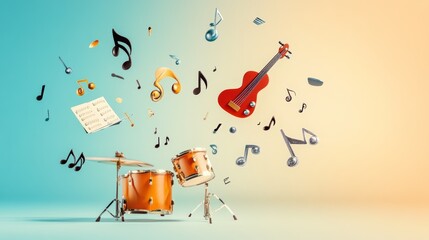 Poster - Drums, guitar, musical notes, and a score are levitating in a colorful studio with a gradient background, creating a vibrant and surreal musical scene