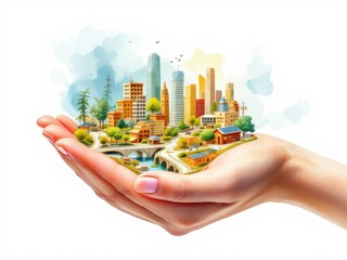 A miniature city rests in a gentle hand, symbolizing sustainable urban development and care for the environment.