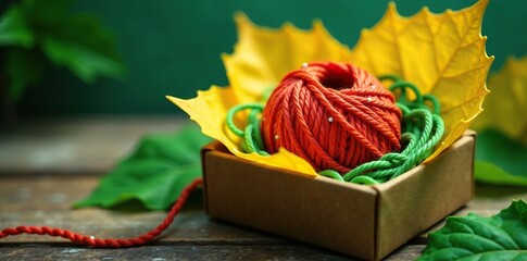 Wall Mural - Textile box with yarn ball nestled in yellow leaf, textile craft, greenery