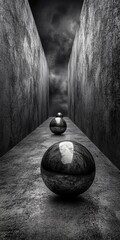 Poster - A mesmerizing monochrome perspective featuring three reflective spheres set against textured walls, creating an illusion of depth and mystery in a darkened alley.