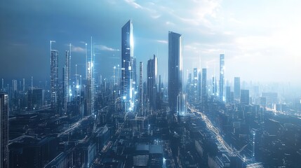 Poster - futuristic city skyline with advanced technology and towering skyscrapers