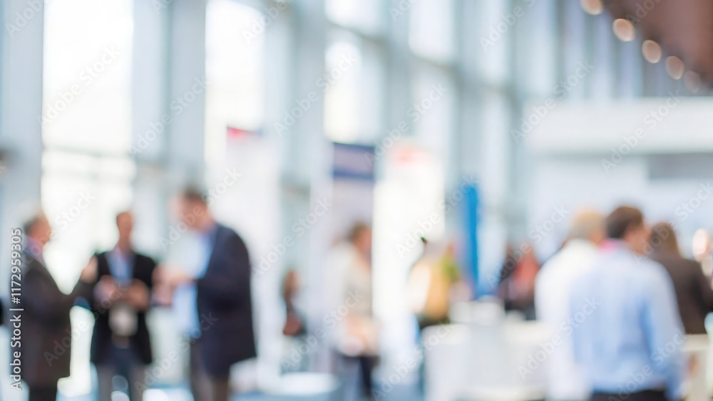 A blurred background of a business fair where companies and professionals connect.
