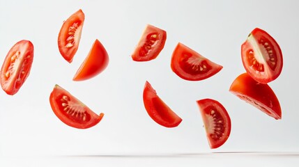 Aufkleber - Suspended in mid air, several slices of juicy red tomatoes create a vibrant and dynamic visual against a clean white backdrop, highlighting their fresh and healthy appeal