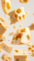 Aufkleber - Floating pieces of swiss cheese of varying sizes against a blurred white background create a dynamic composition highlighting the texture and holes of this dairy favorite