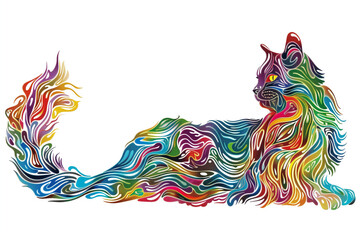 Poster - Line art of a cat filled with a rainbow of colors, set against a white background.