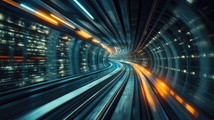Poster - Futuristic high-speed train moving through a digitally enhanced tunnel, showcasing modern transportation technology