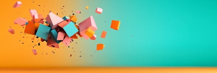 Aufkleber - Abstract composition featuring colorful cubes exploding and levitating on a vibrant gradient background, creating a dynamic and visually appealing scene with copy space