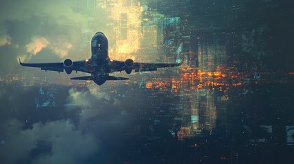 Poster - Futuristic jet plane flying through an abstract digital landscape